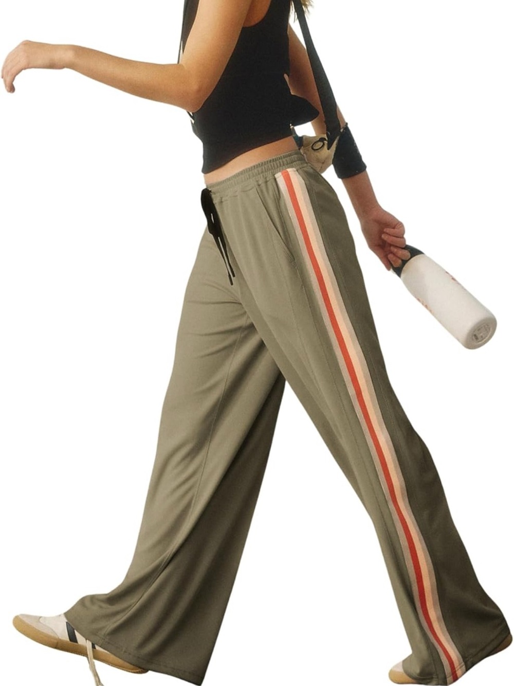Olive Wide-Leg Track Pants with Contrast Side Stripes